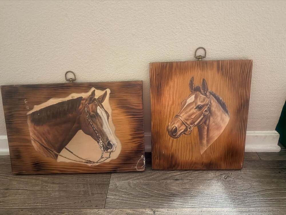 Vintage Horse Decoupage Wood Wall Art Equestrian Rustic Decor Pair